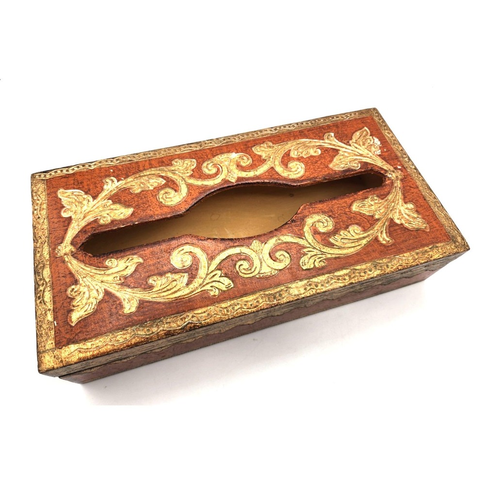 Vintage Florentine Style Gold Gilt Wood Tissue Box Cover Ornate Italian Design